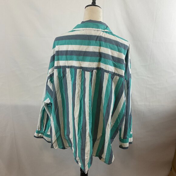By Anthropologie Oversized Top L Dark Mint Blue White Stripe Button Front Pocket - Picture 7 of 11